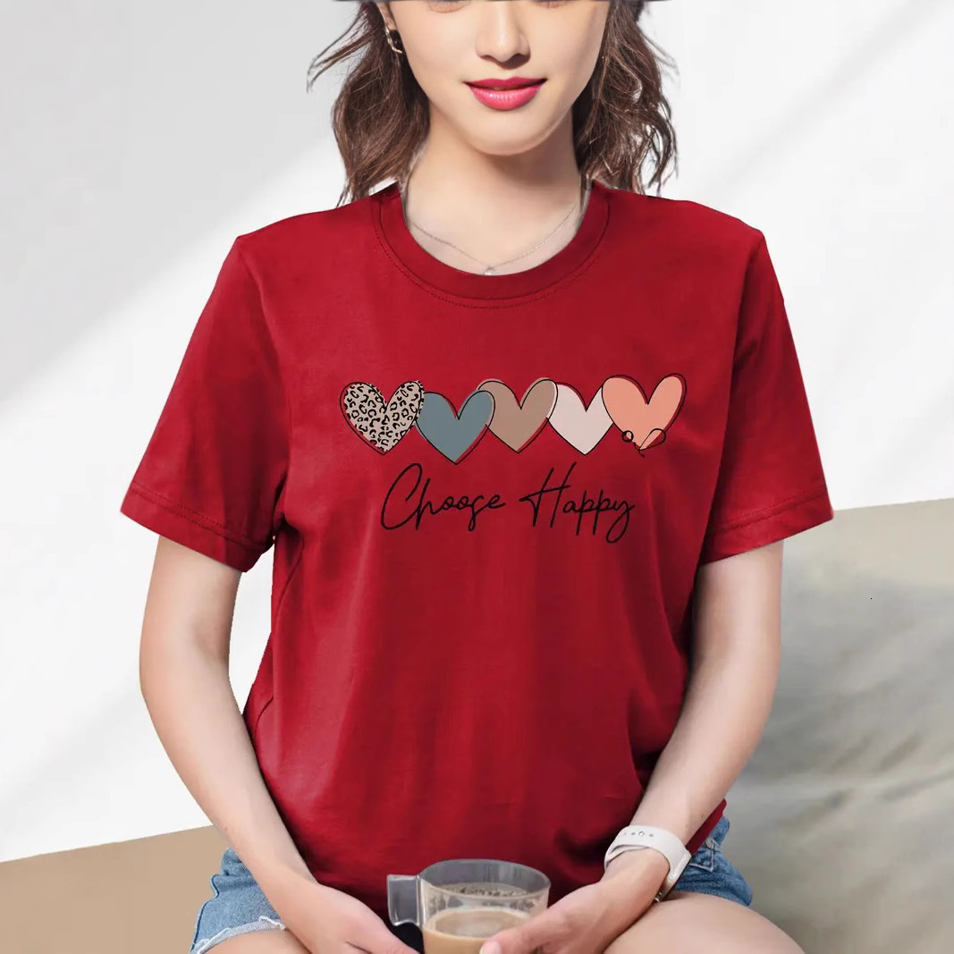 Designer Fashion Trend Free Shipping Digital Printed Love Pattern Valentine Day Short Sleeved T-shirt 2025 Women Round Neck Top