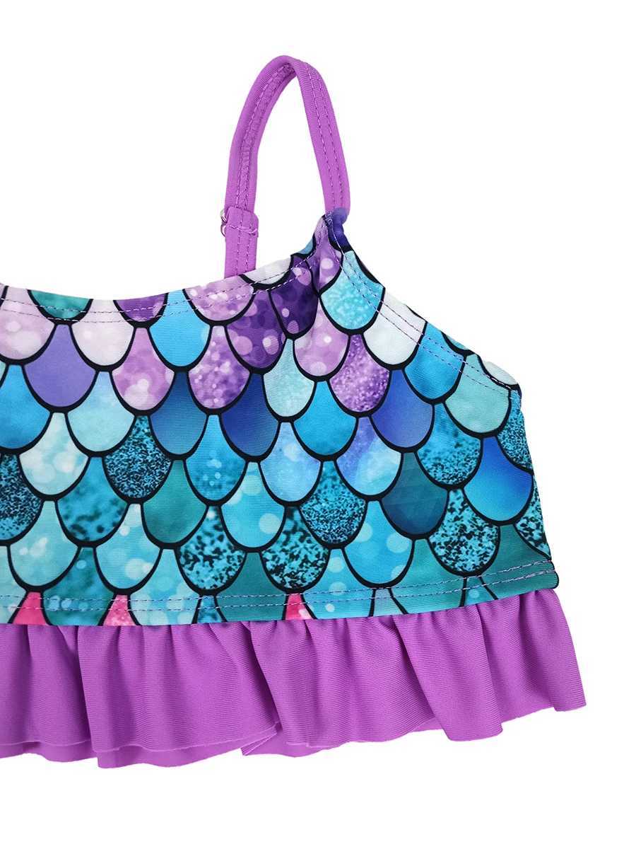 Able Summer Swimsuit Set for Girls 5-12Y Kids Swimwear Fish Scale Cami Top Ruffled Trim Mid Stretch Shorts Bikini TankiniXJ250214