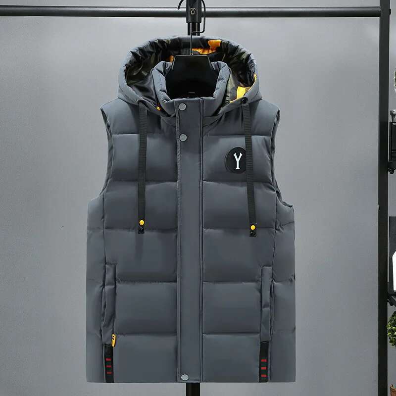 #3639 Autumn Winter Vests For Men Black Beige Gray Down Cotton Hooded Vest Zipper Straight Sleeveless Jackets Hat Detachable 5XL