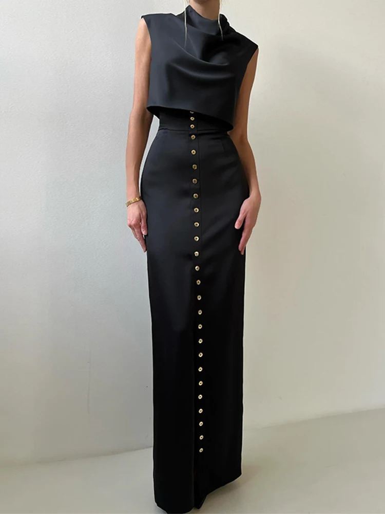 Crop Tops Long Skirt Two Piece Set Women Elegant Sleeveless Top Suit With Front Split Lady Chic Sexy Evening Party Outfits 250214