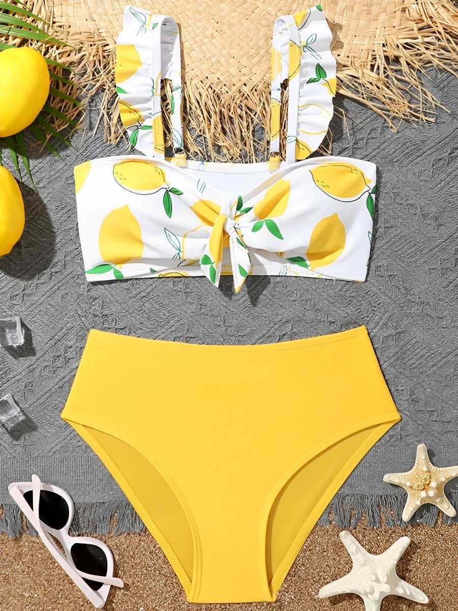 2024 Print String High Waist Bikini Girls Swimsuit Kids Swimwear Female Childrens Bathers Bathing Swimming Swim Suit BeachwearXJ250214