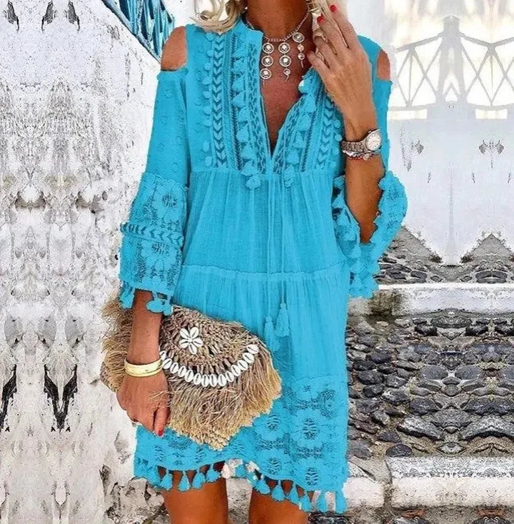 Beach Boho White Lace Fashion Eu Boho Mini Dress Women Autumn Pop Tassel Loose V Neck Dresses Lady Beach Female Clothing 250213