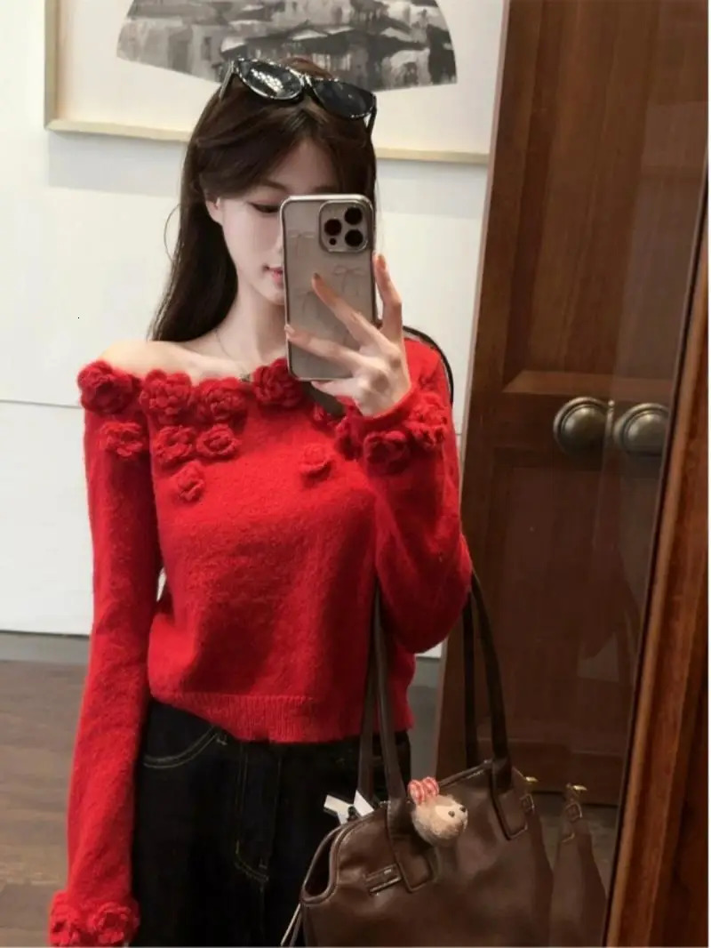 Off Shoulder Short Top Sweater Women Jumper Pullover Winter Clothes Women Sueter 3D Flower Knitted Sweaters Pull Femme 250210