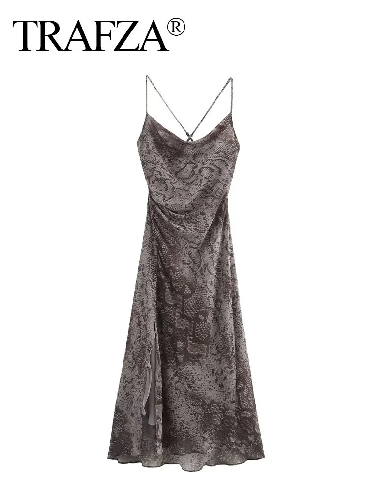 TRAFZA Fashion Female Chic Folds Decorate Slim Evening Dress Women Summer Printed Midi Dresses Sexy Sleeveless Backless Dresses 250213