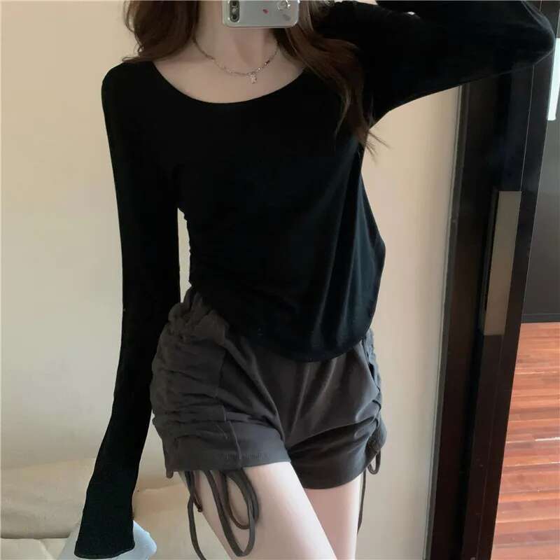 Square Neck Long Sleeve T-Shirt Women Spring Autumn Irregular Hem Slim Casual Top Winter Solid Bottom Shirts New Korean