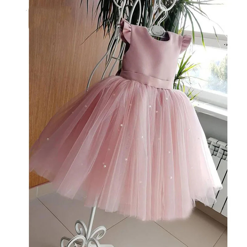 Elegant Short Pink Toddler Flower Girl Dresses Birthday Tulle Sleeveless Bow Pearls Princess Wedding Party Gown for Kids Baby 250213