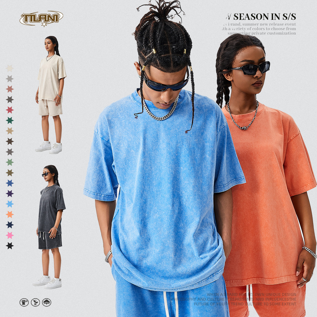 Designer Fashion Trend Versatile TILANI Summer Youth Fashion Brand Washed Pure Cotton Men Short Sleeved T-shirt