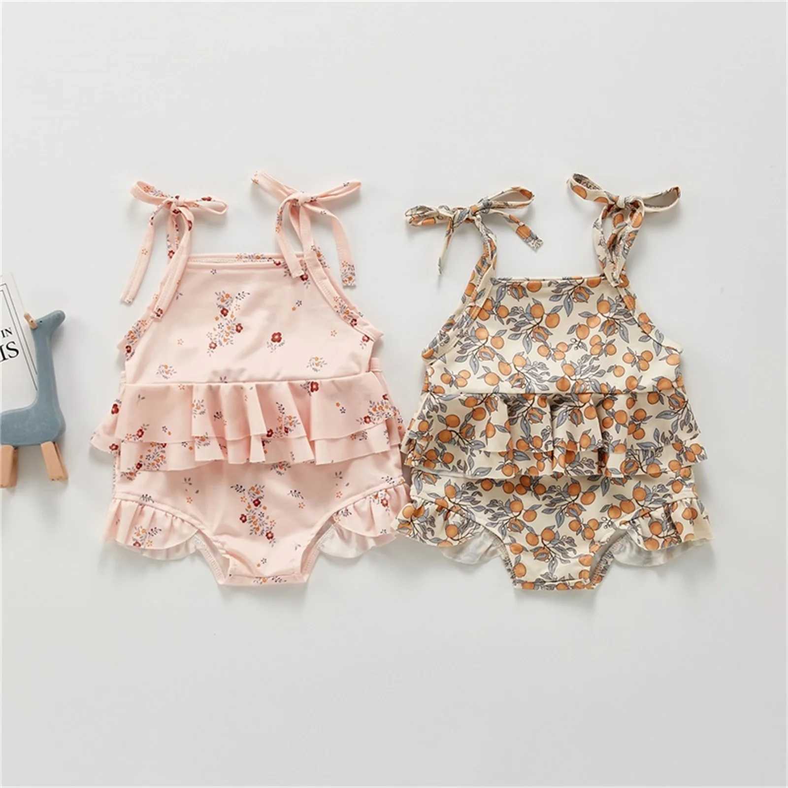 Yiiciovy Baby Girls Floral Print Swimming Suit Beachwear Kid Lace Up Strap Bikini Swimsuit Children Lovely Swimwear Bathing SuitXJ250214