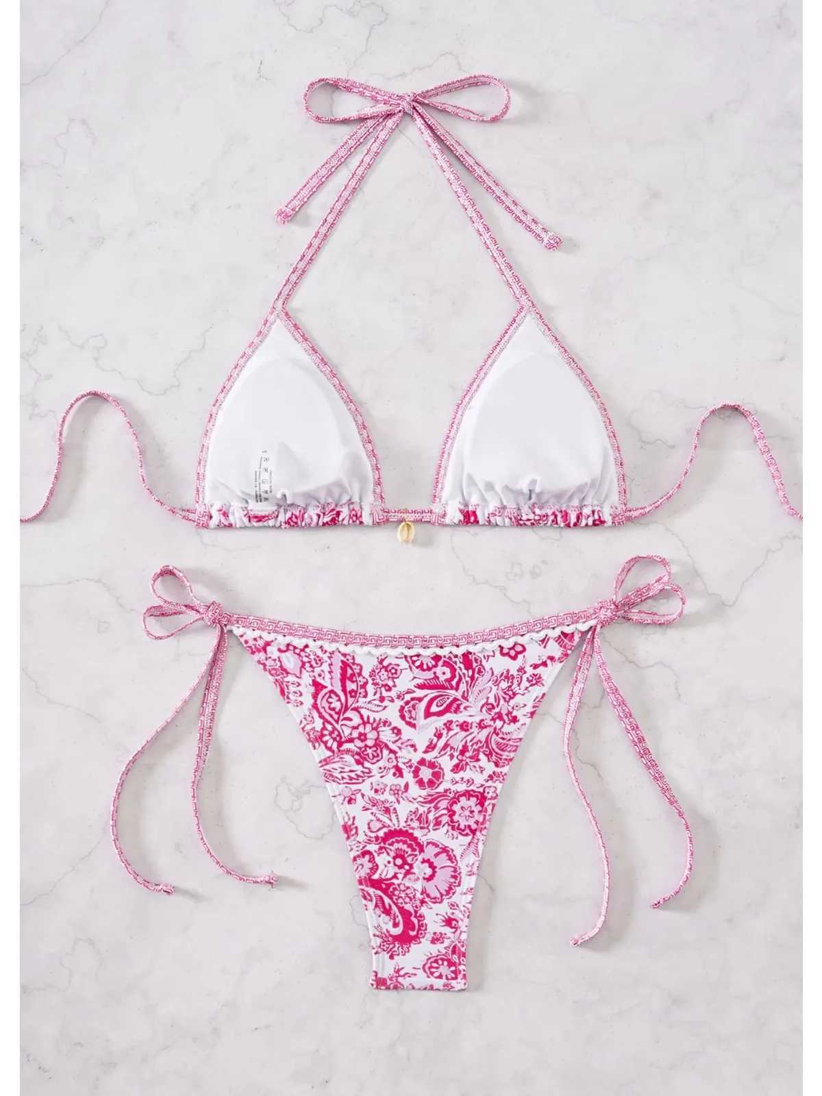 Flower Print Two Piece Swimsuit for Women Sexy Halter Backless Bikini Set 2024 Summer Triangle Bra Beach Vacation SwimwearW250214