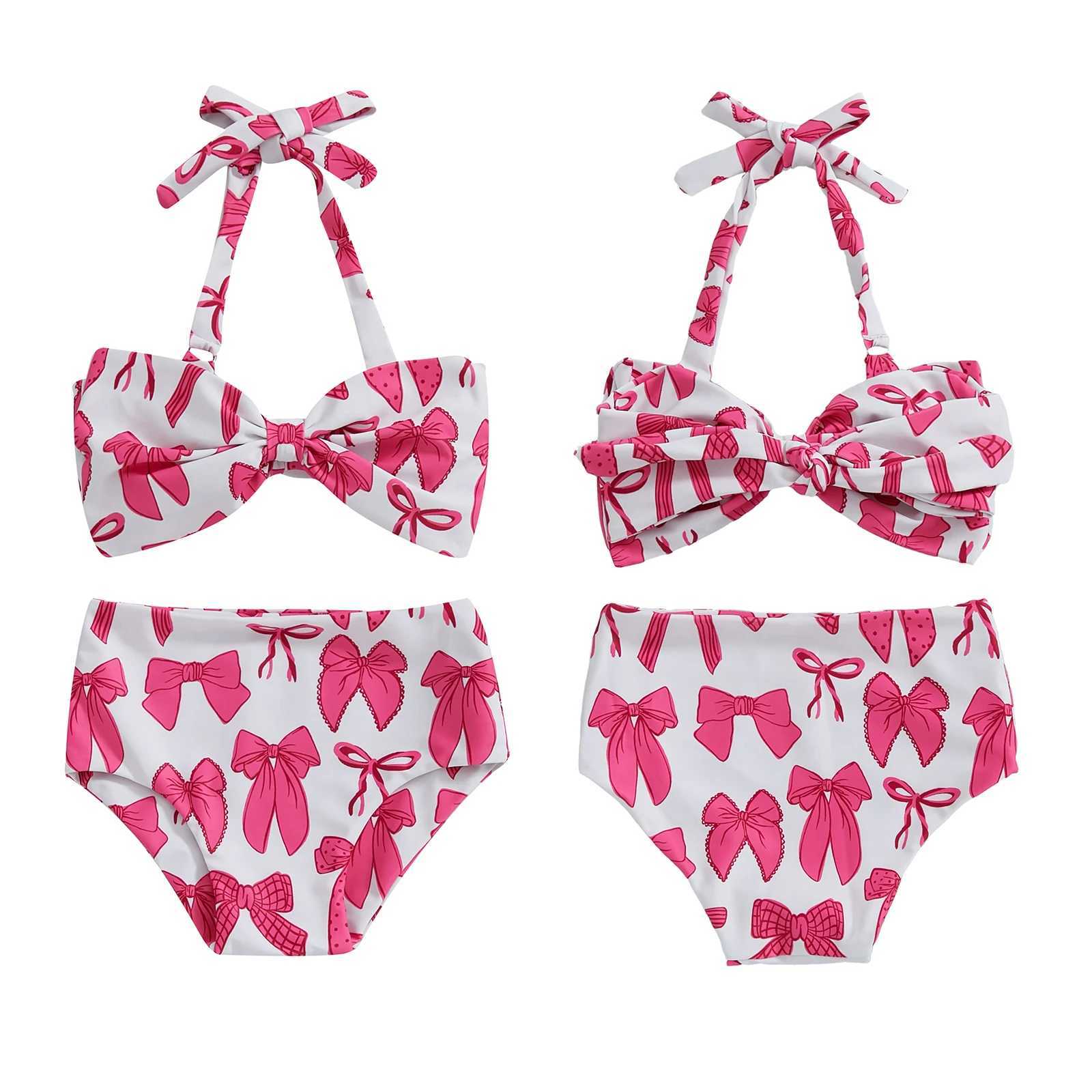 2025 New Kids Baby Girl 2 Piece Swimsuits Summer Bow Print Halter Neck Bikini Tops and Elastic Shorts Set Bikini Bathing SuitsXJ250214