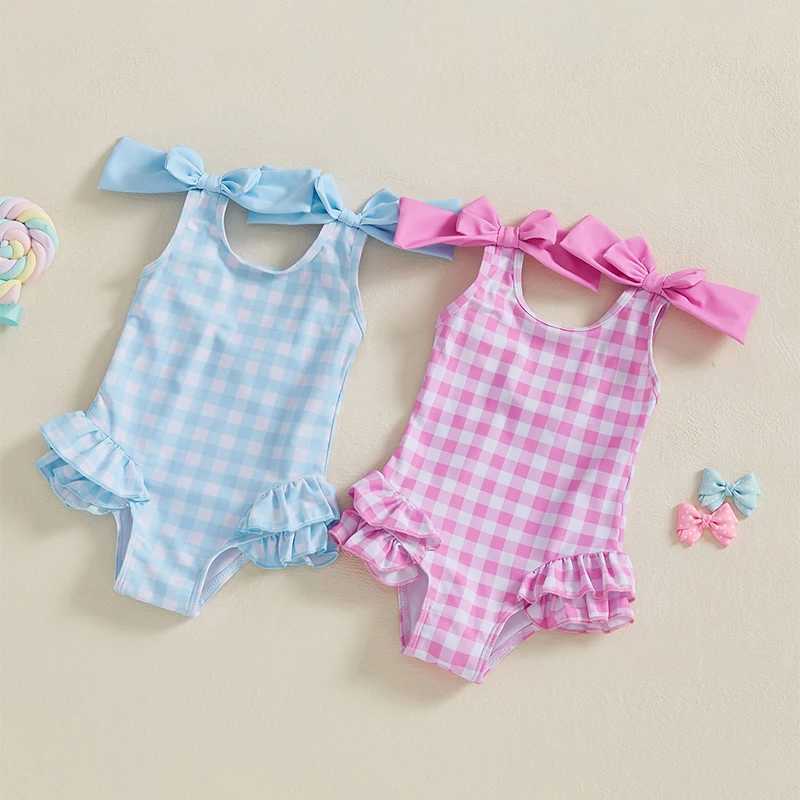 1-4Years Kids Baby Girls Swimsuits Cute Plaid Print Bowknot Shoulder Straps Ruffled Romper Bathing Suit Toddlers BeachwearXJ250214