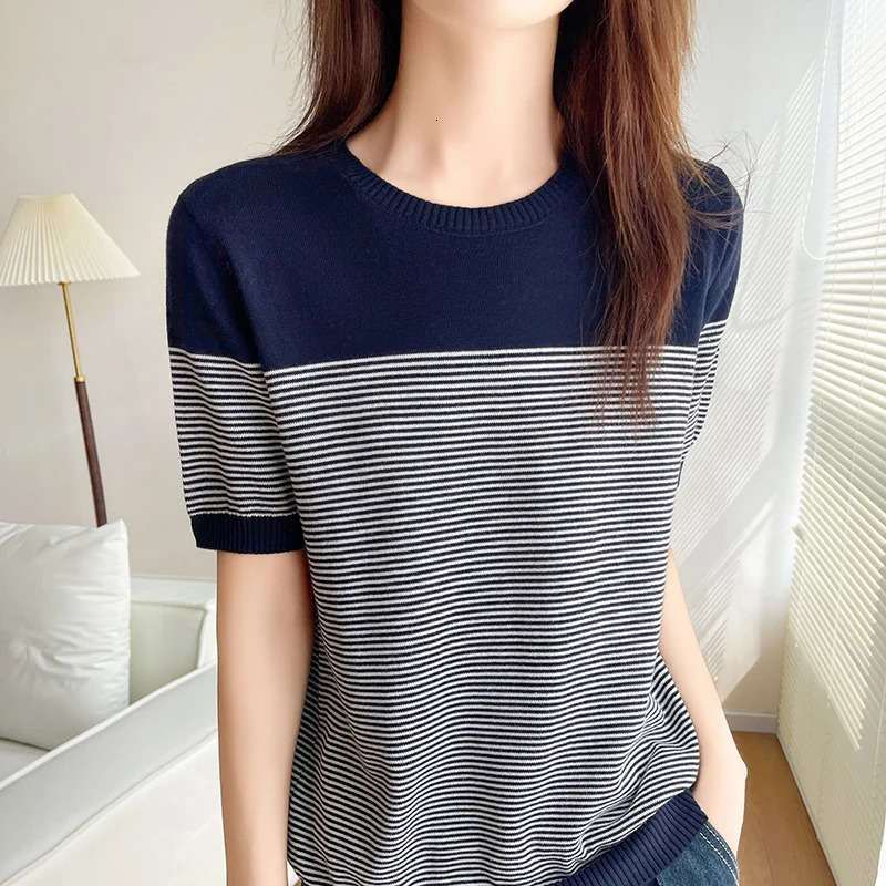 Womens TShirt Summer 100% Cotton Sweater Short Sleeve Striped Knitted Round Neck Ladies Tops Loose Blouse Pullover Tees 250211