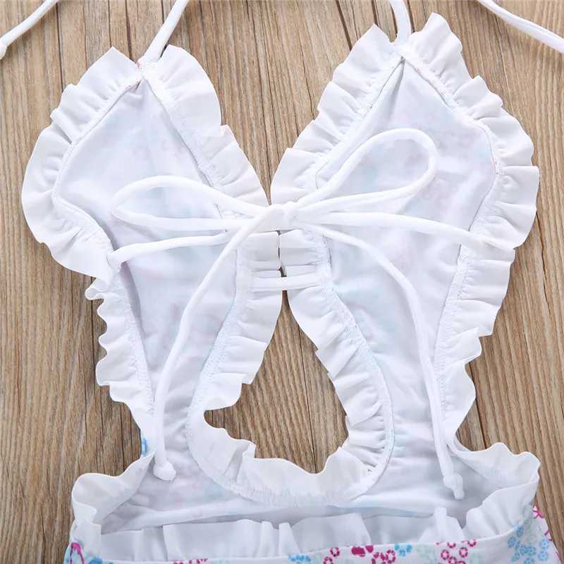 1-6years Kids Girls Swimwear Bodysuit Floral Printed Sleeveless Backless Bandage Ruffled One_piece Swimsuit For Infant GirlsXJ250214