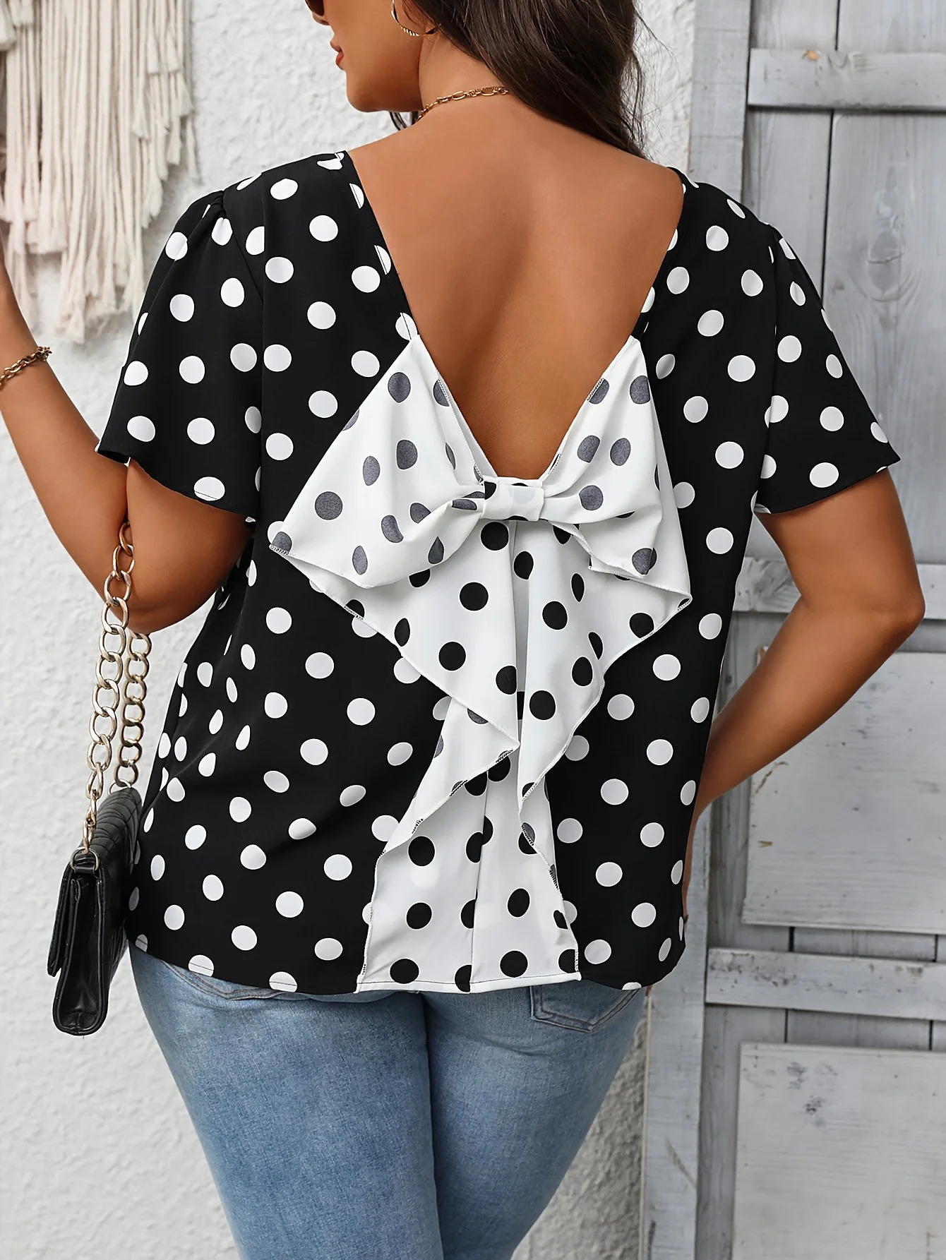 Plus Size Summer Elegant Spot Print Shirt for Women Casual Office Lady Bow Back Curve Clothing Female Blouses 250210