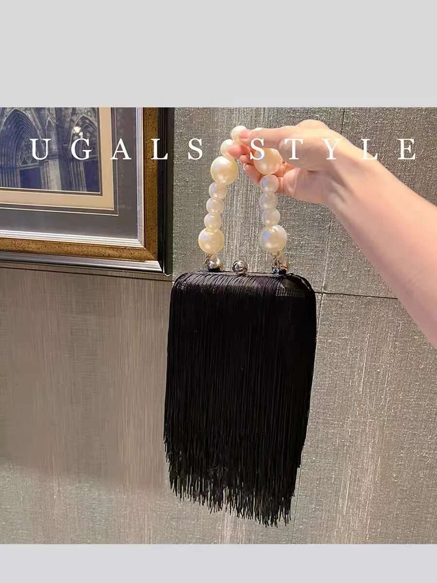 Fashion Long Tassel Women's Handbag Pearl Beading Handheld Evening Wedding Party Clutch Purse Shoulder Crossbody Bag Armpit