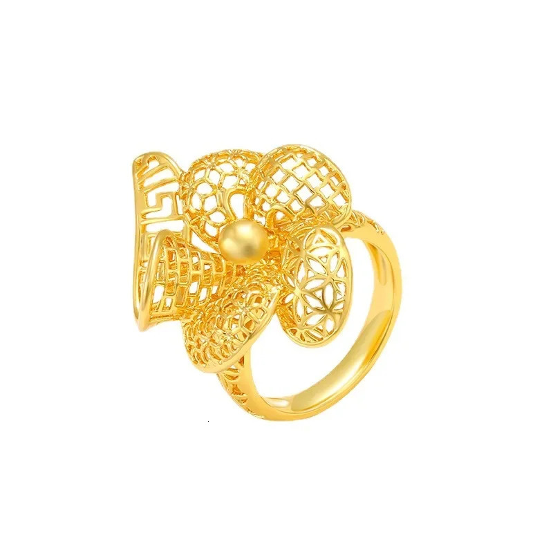 Fashion 24K Gold Exquisite Floral Gold Ring for Women Fashion Vintage Haute Couture Wedding Bride Wedding Ring 250214
