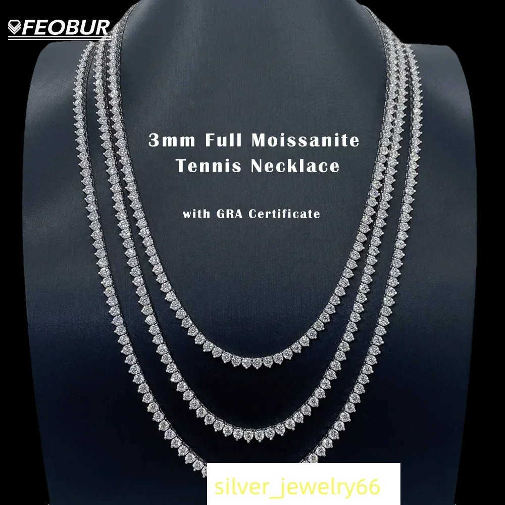 FEOBUR 3mm Moissanite Tennis Necklace for Women Men S925 Sterling Silver Full Diamond Neck Chains with GRA Trendy Jewelry Gift
