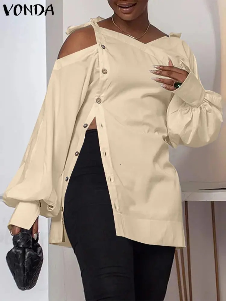 Pulse Size 5XL VONDA Women Blouses Casual Solid Long Sleeve Blouses American Style Off The Shoulder Tops Fashion Irregular Shirts 250210