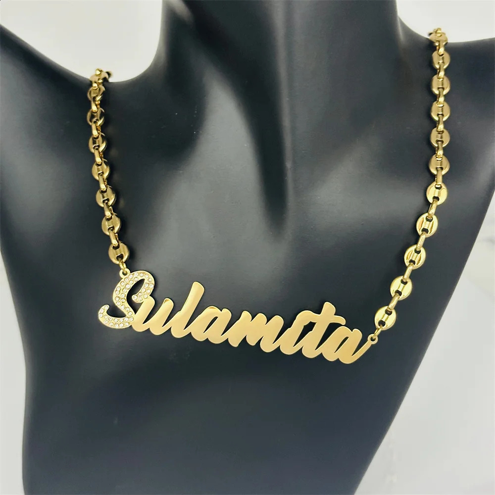 Customized name necklace personalized coffee bean chain stainless steel letter pendant mens and womens jewelry 250214
