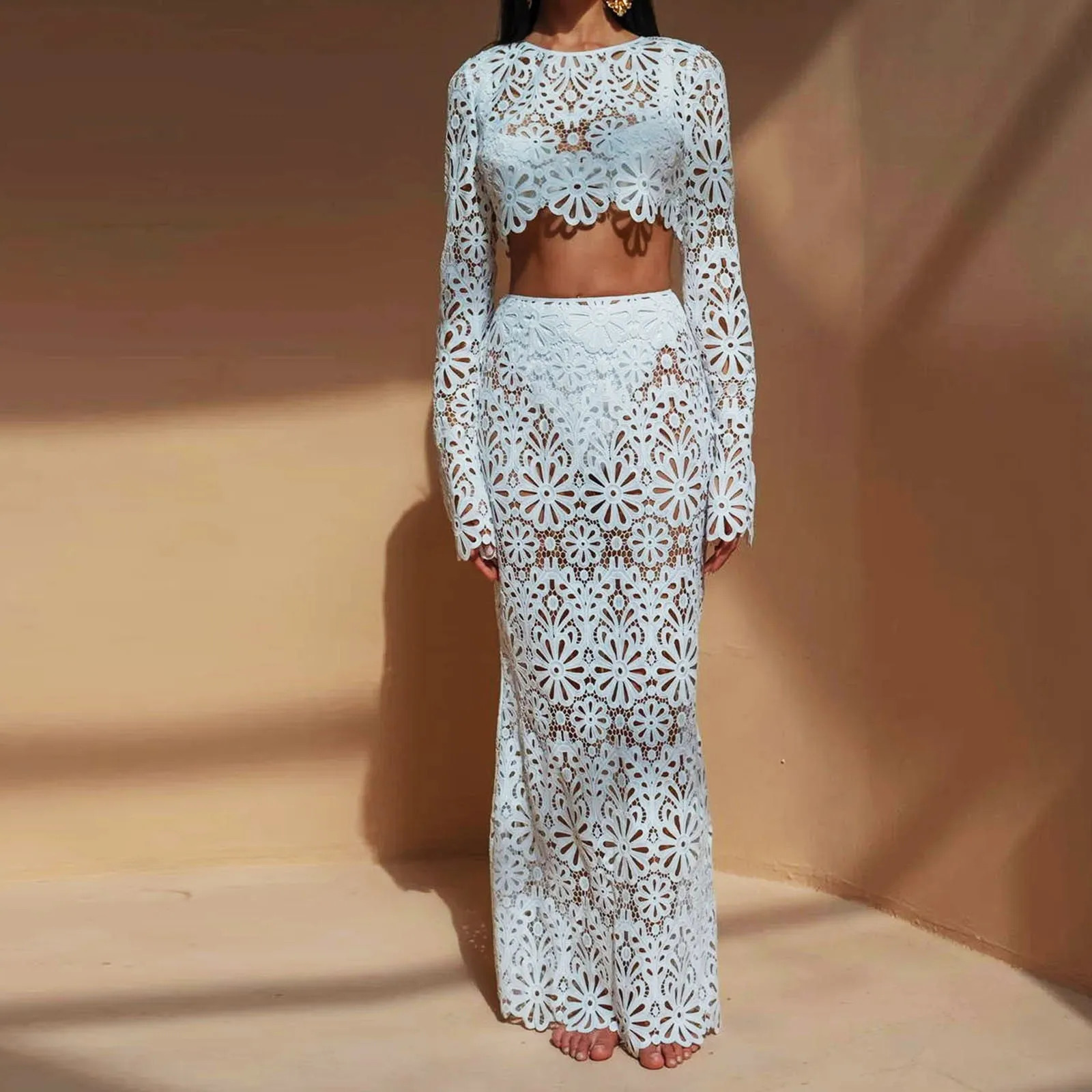 White Elegant y Hollow Out Beach Dresses Set Sexy See Though Crop Tops Long Skirts Women Sets Summer Outfits 250214