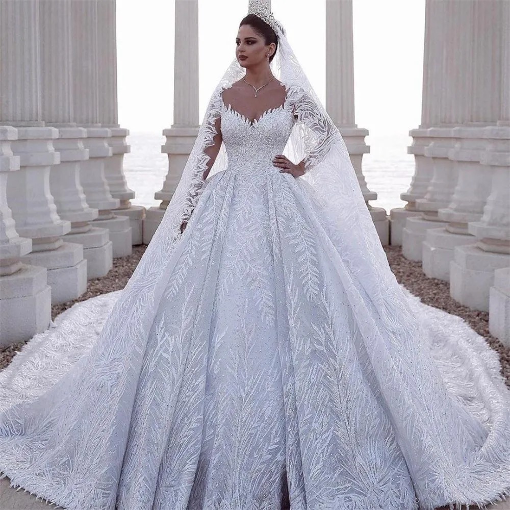 a line wedding dresses crystals lace appliques tulle fitted bridal gowns plus size beaded arabic