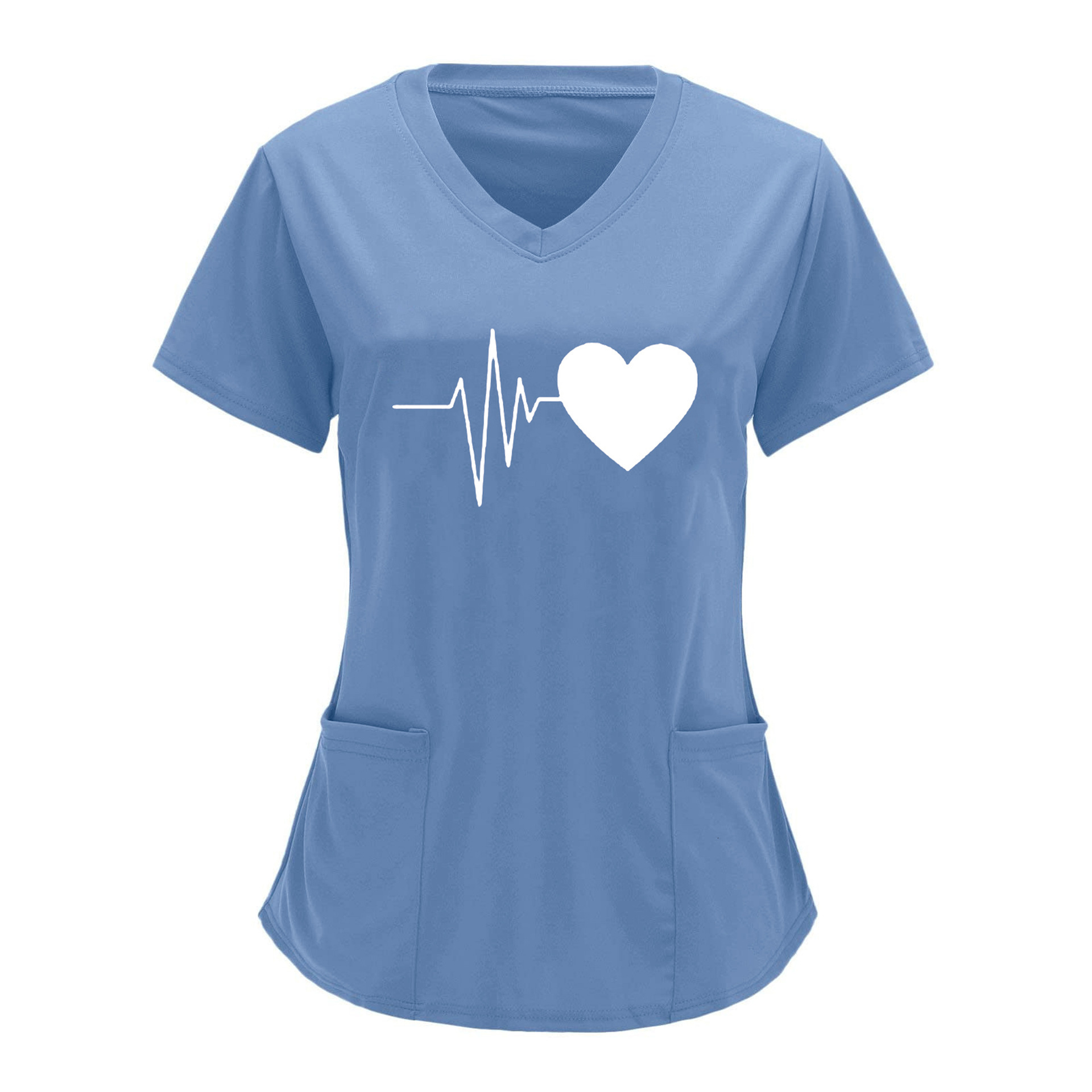 2025 Designer Nurse Protective Work Clothes V-neck Double Pocket Heartbeat Printed Shirt Short Sleeve T-shirt Large Size