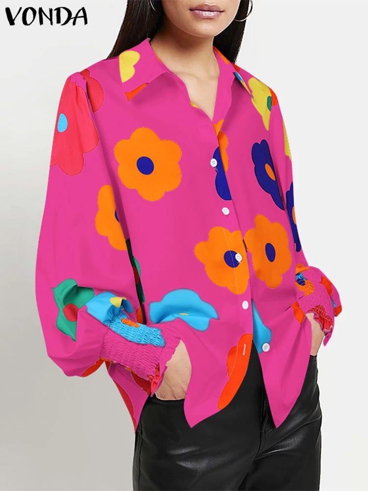 Plus Size 5XL VONDA Casual Floral Printing Loose Tops Women Shirts Lapel Collar Blouses Top Lantern Long Sleeve Tunic 250210