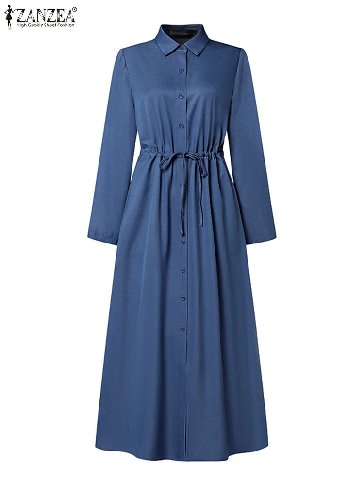 ZANZEA Spring Denim Blue Dress Women Elegant Long Sleeve Work Sundress Casual Lapel Neck Holiday Dresses Maxi Dress Kaftan 250213