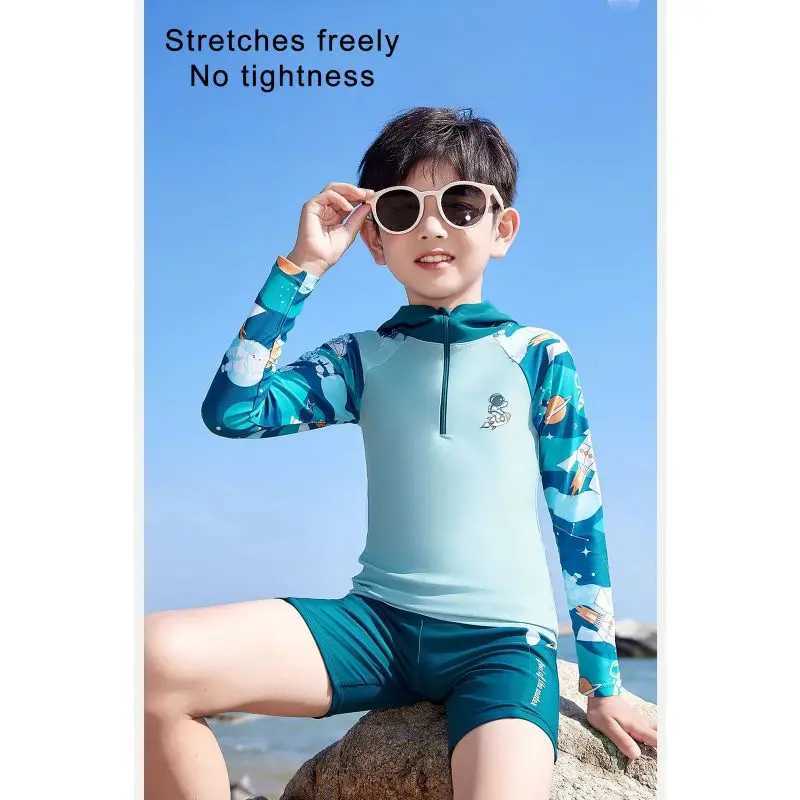 Sun Protection UPF 50+ Long Sleeve Swimming Sunsuit With Hat Children Boys Swimsuit Kids Split Bathing SuitsXJ250214