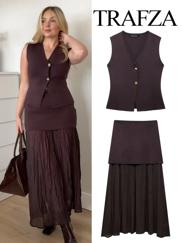 TRAFZA Women 2 Piece Suit Casual Fashion Knitted VNeck Sleeveless Vest Woman Elegant Loose High Waist Hem Folds Skirts Set 250214