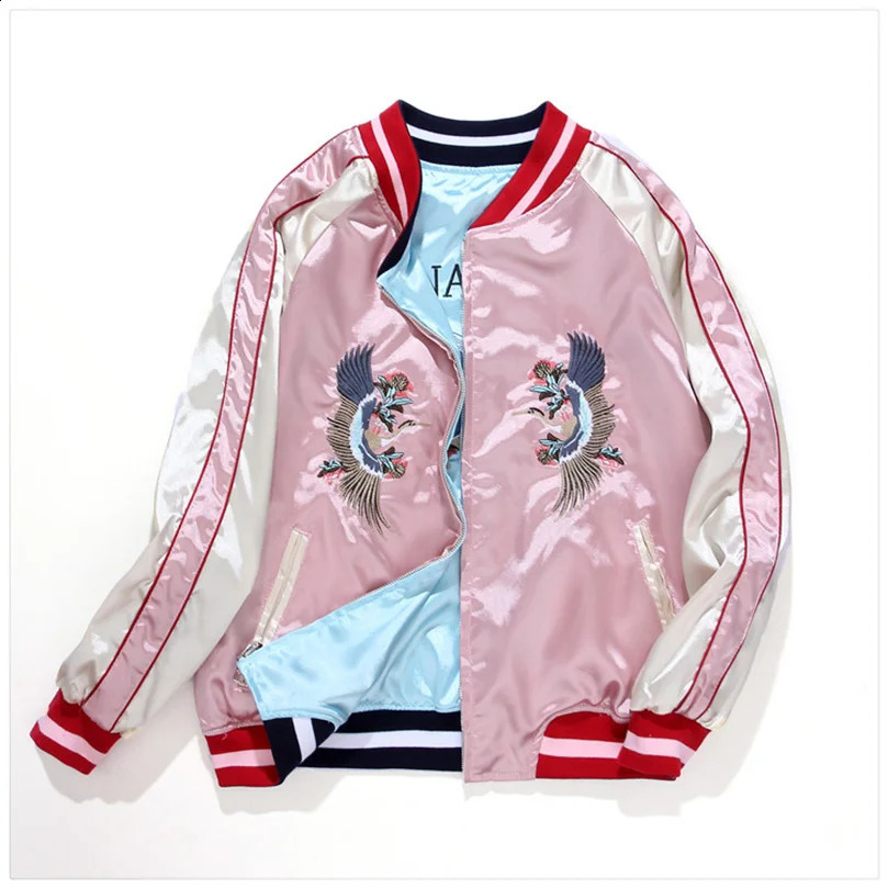 Double Sided Satin Baseball Jacket Women Sukajan Bomber Female Girls y Coat Spring Autumn Pink 250213