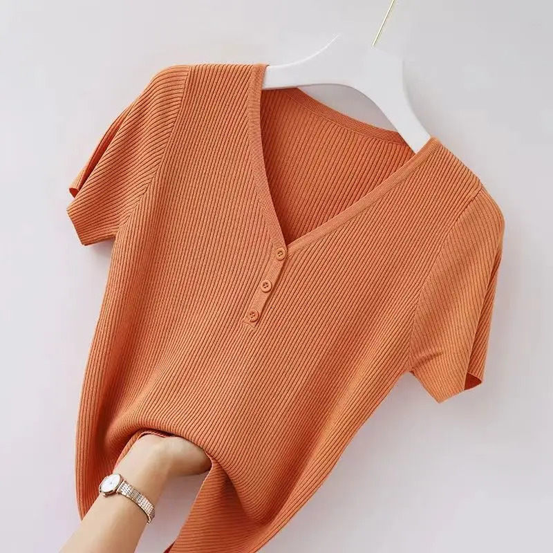 Summer Korean Fashion Vneck Slim Ice Silk Thin Short Sleeve Knit Tshirt Women Solid Patchwork Button Versatile Top 250211