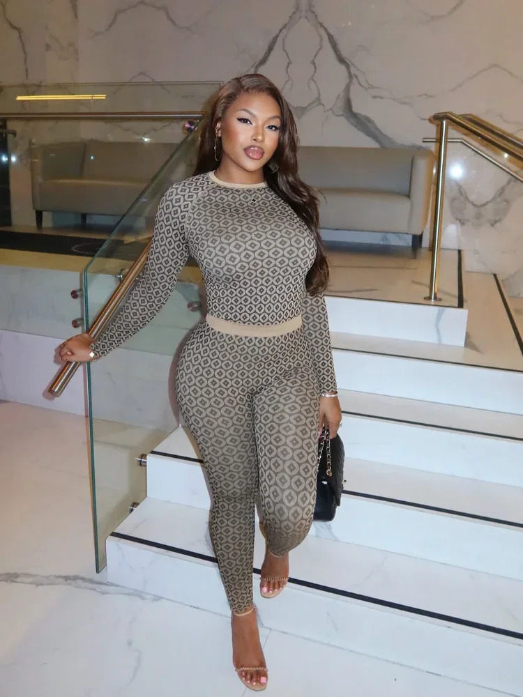 Chic Printed Tight Fitting Elastic Women Pants Suit Casual Long Sleeve Round Neck Slim Top Set 2025 Lady Spring Commute Outfits 250214