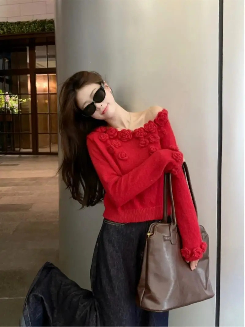 Off Shoulder Short Top Sweater Women Jumper Pullover Winter Clothes Women Sueter 3D Flower Knitted Sweaters Pull Femme 250210