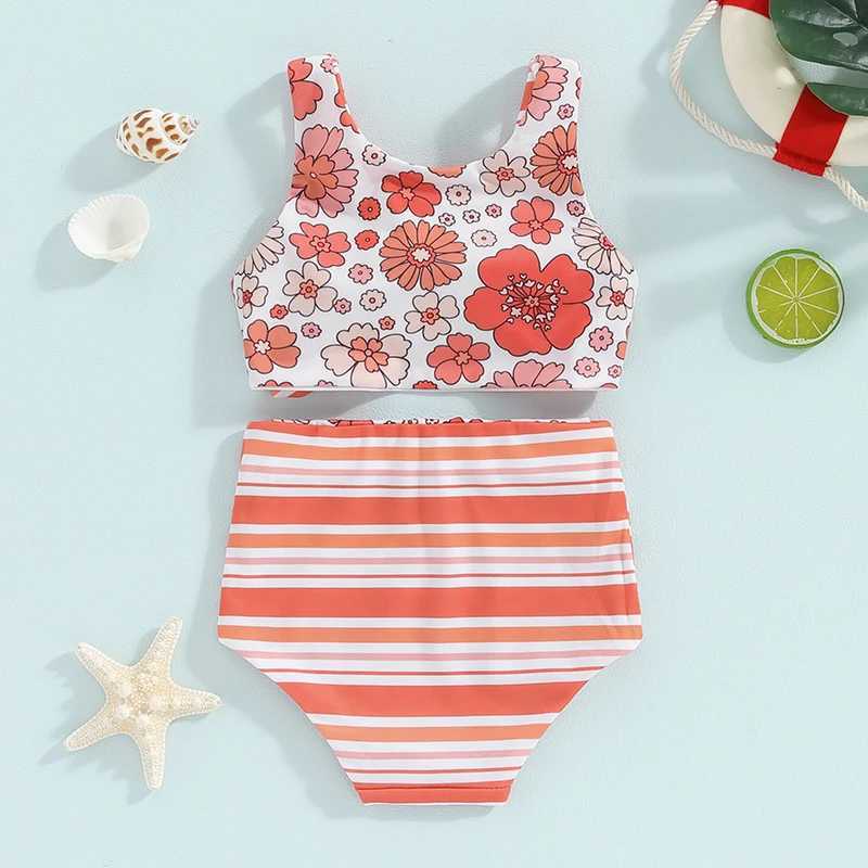 Kids Girl Two Piece Swimsuits Summer Striped/Floral Print Knotted Tankini and Elastic Shorts Set Bikini Bathing SuitsXJ250214