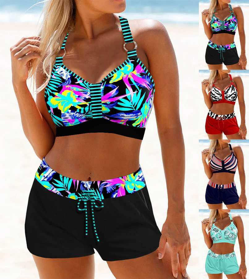 New Summer Beach New Womens Bikini Two Piece Swimwear Colorful Leaf Print Lace Up Beach Dress S-6XLW250214