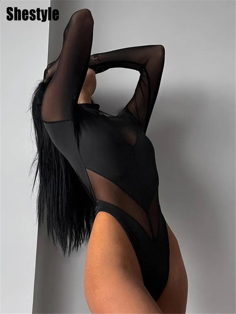 Shestyle Black Patchwork Women Bodysuits Spring Mesh Transparent Long Sleeve Thong High Waist TShirt Basic Sexy Streetwear 250213