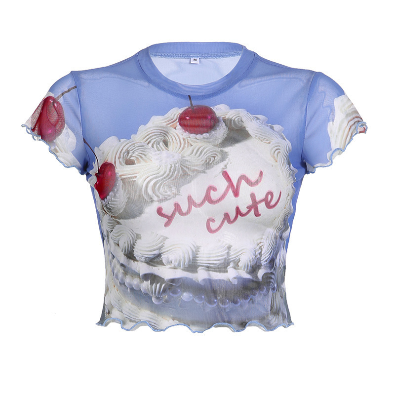 Designer Sweet Style Round Neck Sleeves Wrapped In Cherry Cake Blue T-shirt Instagram Fashion Summer Ear Edge Exposed Umbilical Hot Girl Top