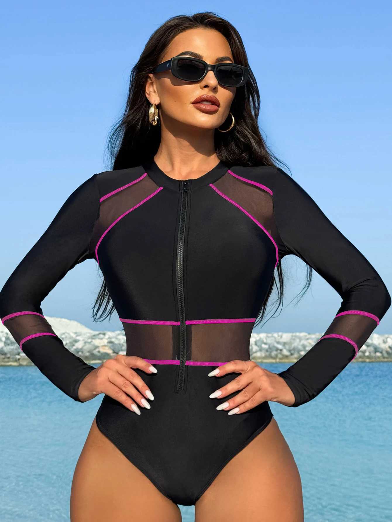 BIKINX Long Sleeve One Piece Swimsuit Surf Suit for Woman Black Korean Swimwear Style Sports Bathing Suits Ladies BeachwearW250214