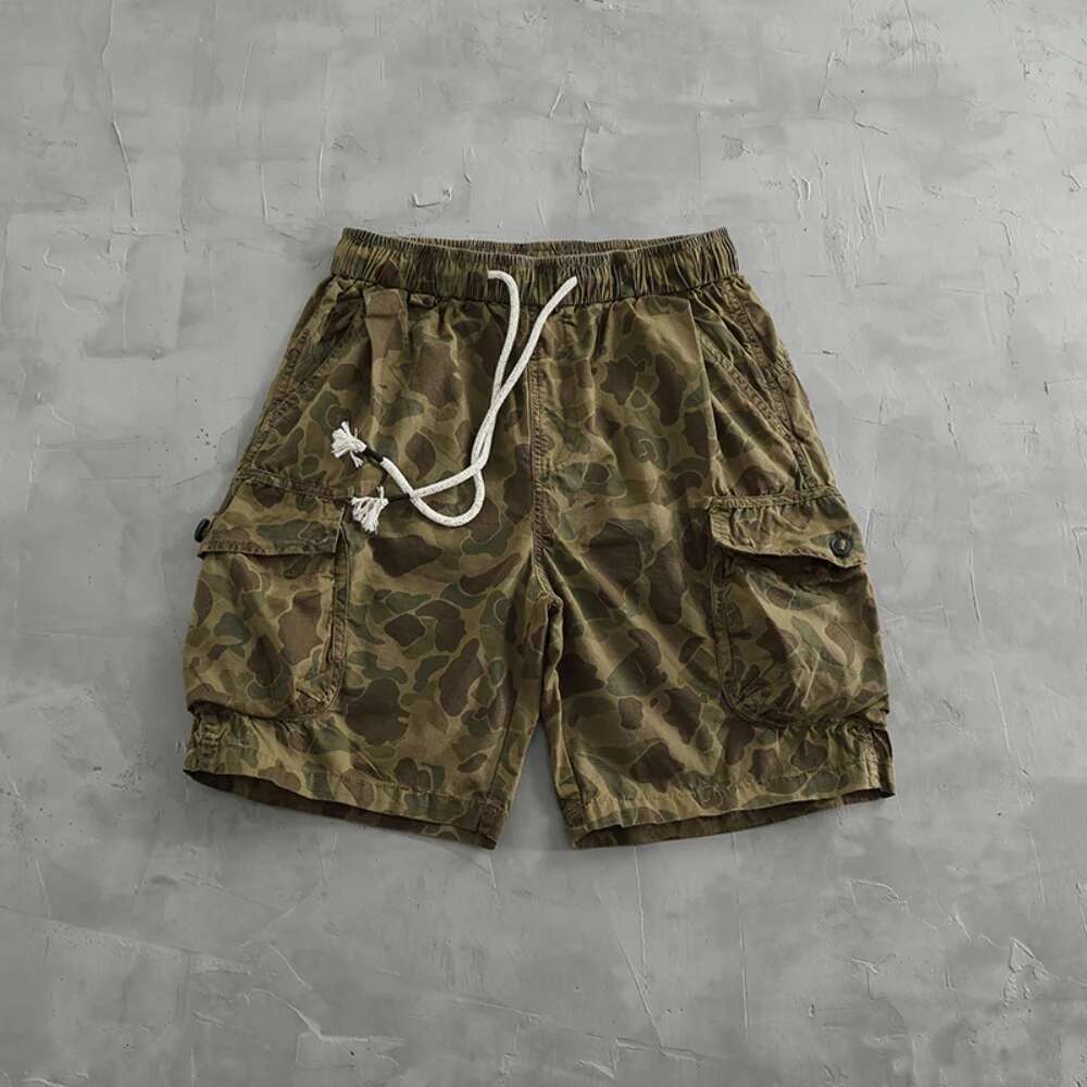 Vintage De Spot Camouflage Cargo Shorts Men's Loose Straight Leg Summer New Multi-Pocket Quarter Casual Pants Trend