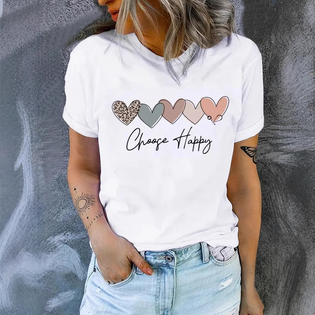 Designer Fashion Trend Free Shipping Digital Printed Love Pattern Valentine Day Short Sleeved T-shirt 2025 Women Round Neck Top