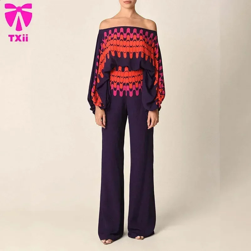 Office Womens 2-piece Set Casual Wide Leg Pants Set Printed Satin Set Lantern Sleeves Off Shoulder Long Sleeve 250210