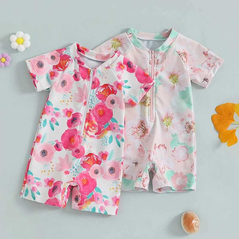 Toddler Girls Rash Guard Swimsuit Playsuits Short Sleeve Zipper Floral Print Baby Bathing Suit SwimwearXJ250214