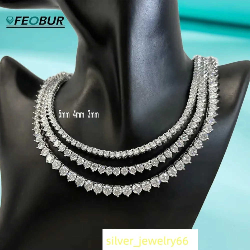 FEOBUR Certified 3/4/5mm Moissanite Tennis Necklace for Women Man S925 Sterling Silver 3Claw Lab Diamond Hiphop Chains Jewelry