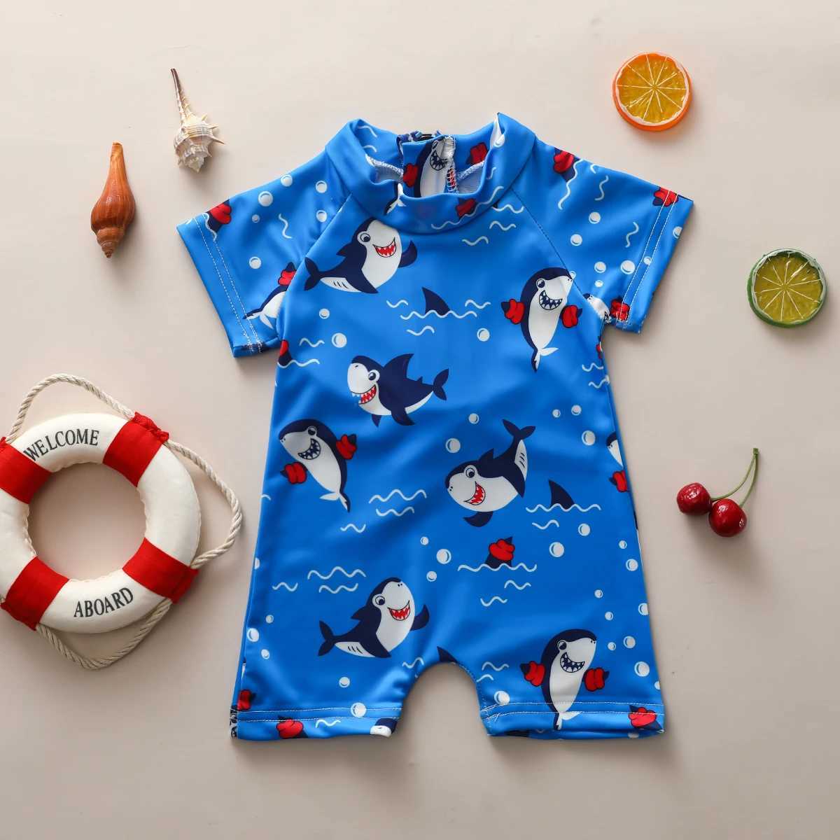 Kids Boys Summer Swimsuit Rash Guard Animal Patterns Short Sleeve Zipper Swimwear Bathing BeachwearXJ250214