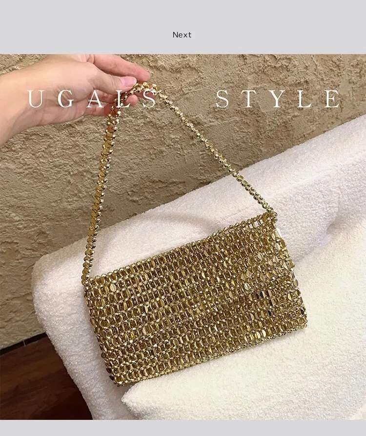 Fashion Beads Beading Woven Handmade Square Women's Handbag Glitter Shiny Shoulder Underarm Lady Purse Female Casual Bag