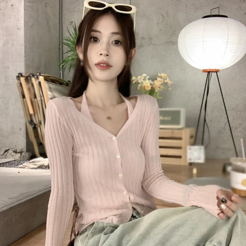 Spring Autumn Womens Knitted Top Casual Fashion Two Pieces Long Sleeves Solid Color 250211