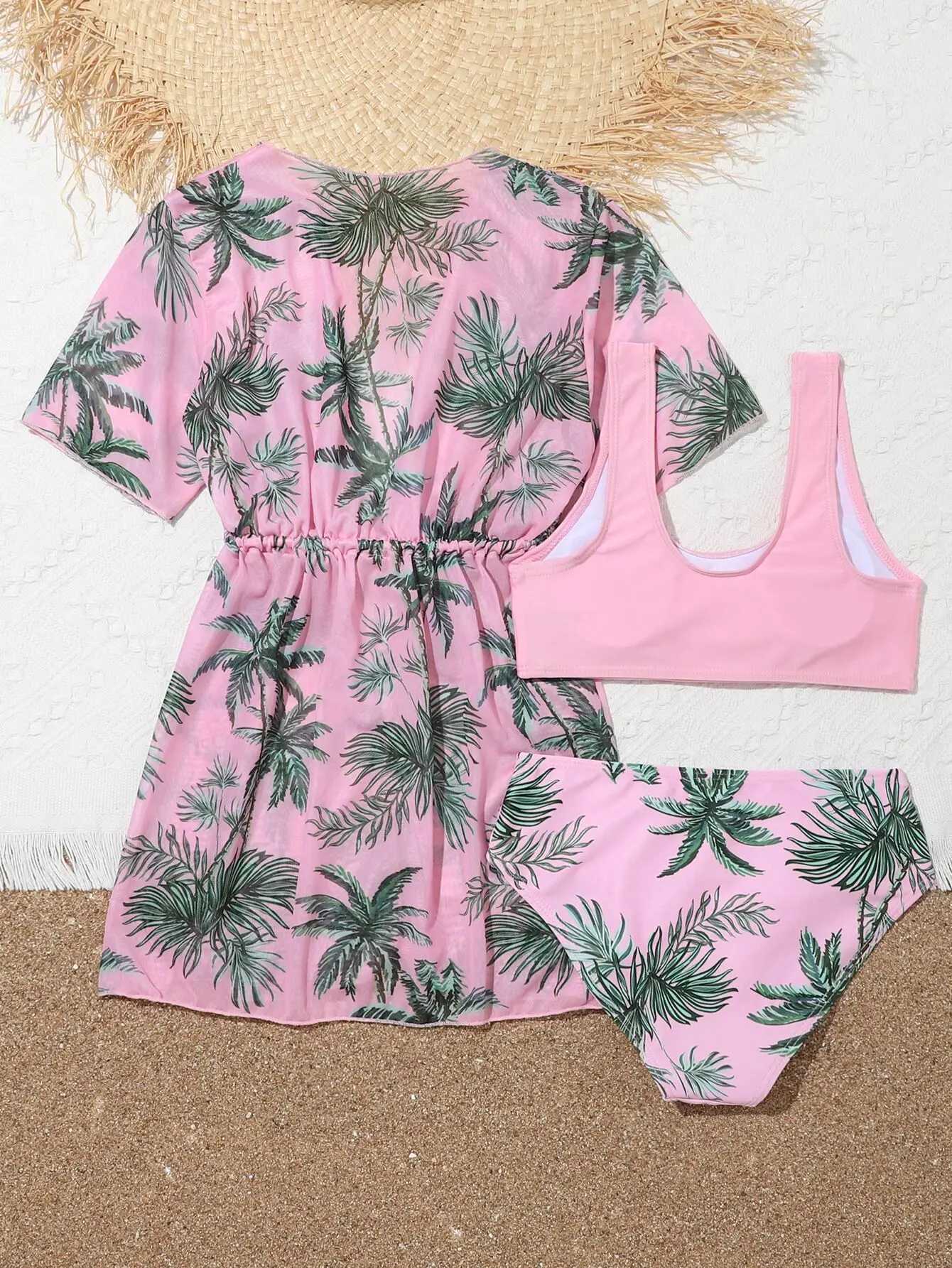 Girls 3pack Palm Tree Print Pink Bikini Kids Swimsuit Kimono 7-12 Years Three Pieces Childrens Swimwear Cover Up Bathing SuitsXJ250214