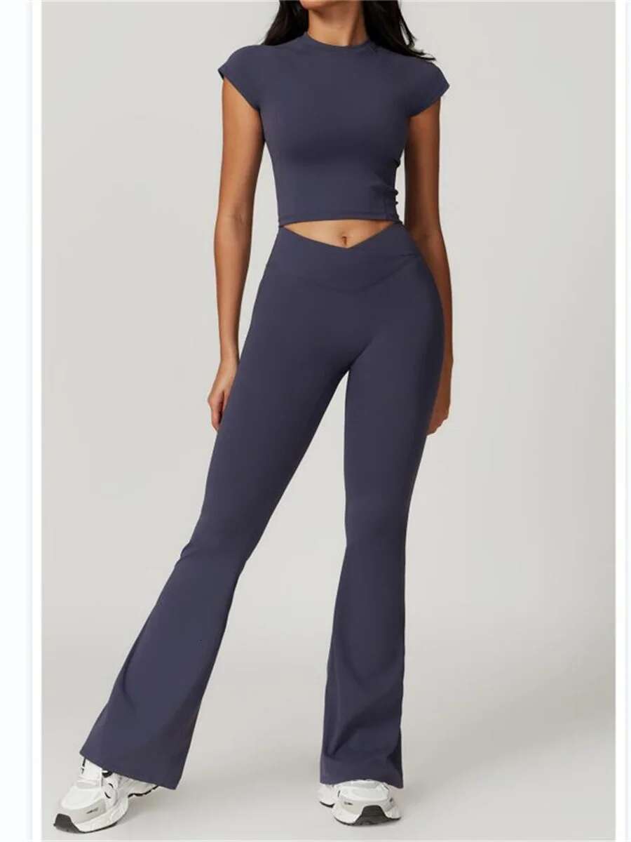 Yoga Set Women Short Sleeve Crop Top Slim Fit Stretchy High Waist Flare Leggings Fiess Suit Workout Gym Running Tracksuit