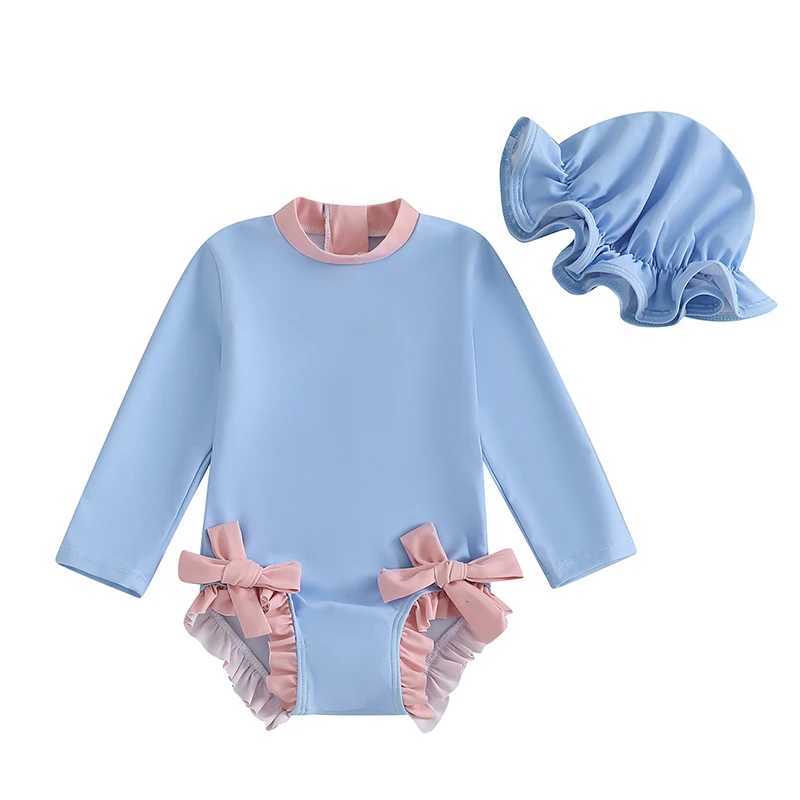 0-3Years Baby Girl Swimsuit Summer Cute Bow Print Long Sleeve Ruffled Bathing Suit with Sun Hat Rash Guard Beach SwimwearXJ250214